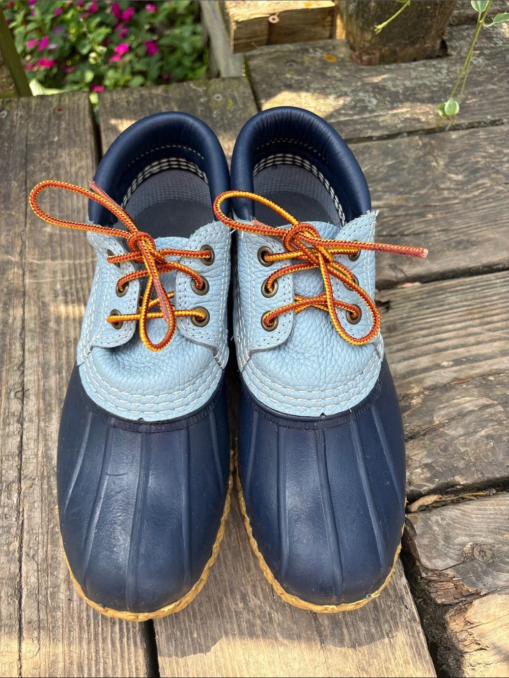 LL Bean size 7.5 Navy and Light Blue Waterproof Duck Shoes Bean Boot